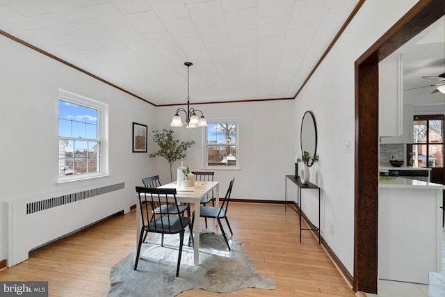 dining area featuring plenty of natural light, radiator heating unit, and light wood-style flooring