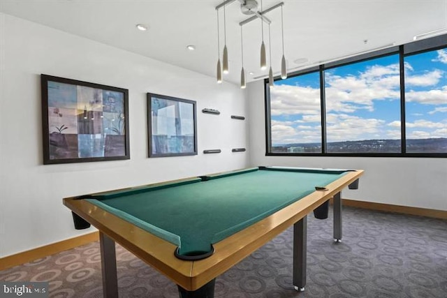 game room with pool table, baseboards, and carpet floors