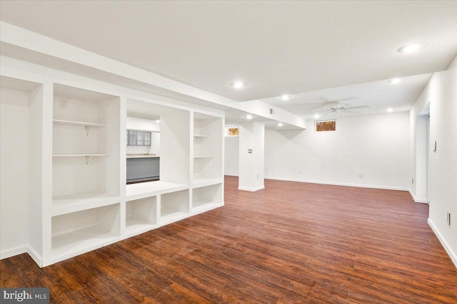 finished basement with a ceiling fan, recessed lighting, baseboards, and wood finished floors