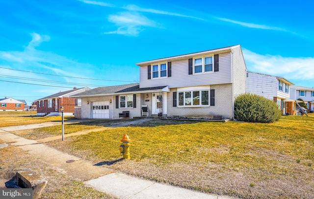 view of front of house featuring a garage, a front lawn, central AC, and brick siding