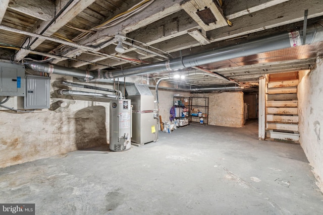 unfinished basement featuring water heater, electric panel, and heating unit