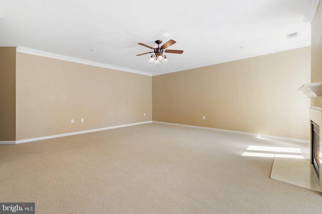 unfurnished living room featuring ornamental molding, visible vents, ceiling fan, and a multi sided fireplace