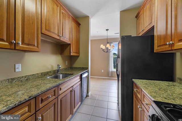 kitchen featuring light tile patterned floors, stainless steel appliances, brown cabinetry, ornamental molding, and a sink