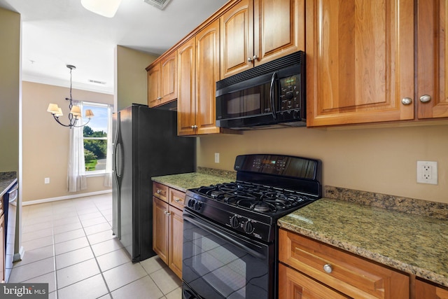 kitchen featuring brown cabinetry, light stone countertops, crown molding, black appliances, and light tile patterned flooring