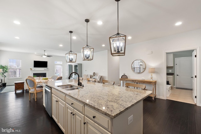 kitchen featuring dark wood-style floors, a fireplace, a sink, and stainless steel dishwasher