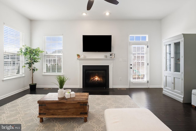 living area featuring a fireplace with flush hearth, wood finished floors, a wealth of natural light, and recessed lighting