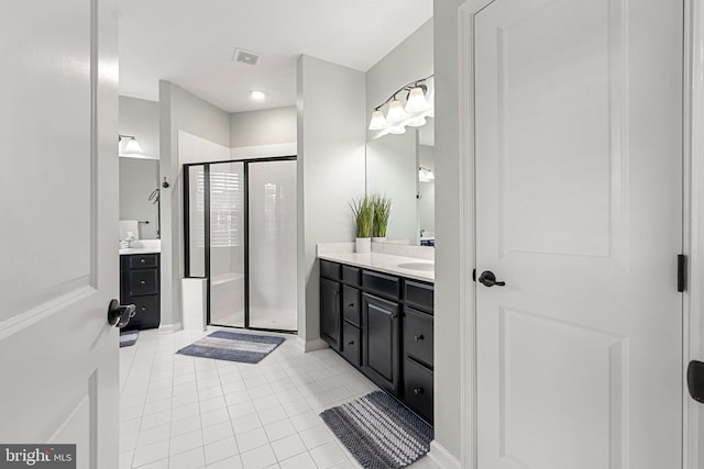 full bathroom featuring tile patterned floors, a shower stall, visible vents, and vanity