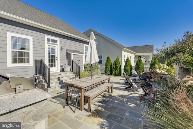 view of patio with entry steps, an outdoor kitchen, and outdoor dining area