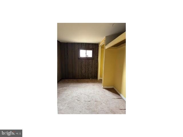 spare room featuring light carpet and wooden walls