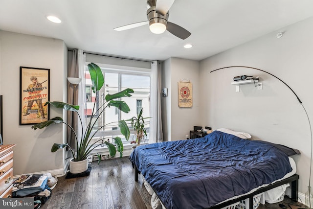 bedroom with ceiling fan, baseboards, wood finished floors, and recessed lighting