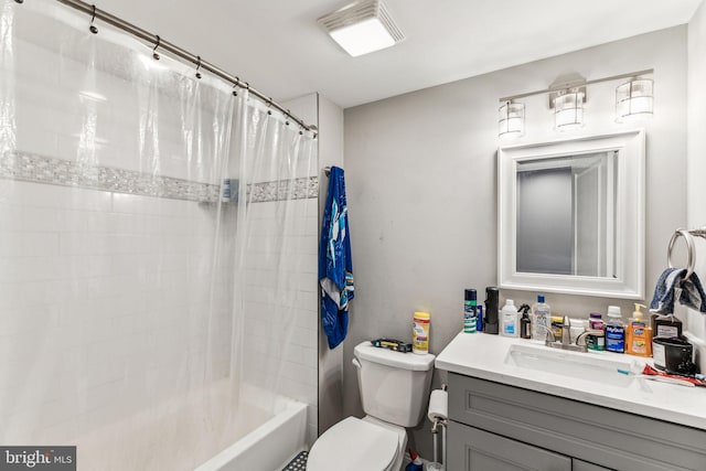 full bathroom with shower / tub combo, visible vents, vanity, and toilet