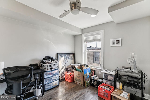 office space with ceiling fan and wood finished floors