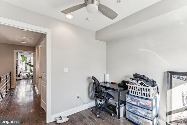 office area featuring ceiling fan, wood finished floors, and baseboards