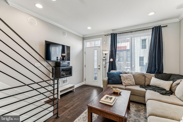 living area featuring ornamental molding, recessed lighting, stairway, and wood finished floors