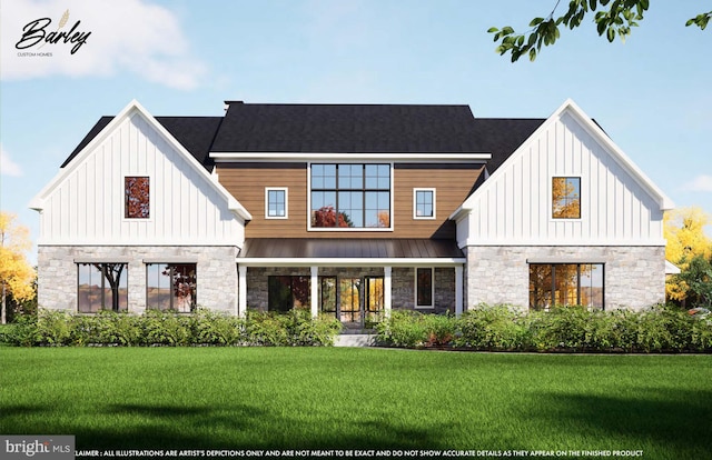 back of property with a standing seam roof, metal roof, board and batten siding, and a yard