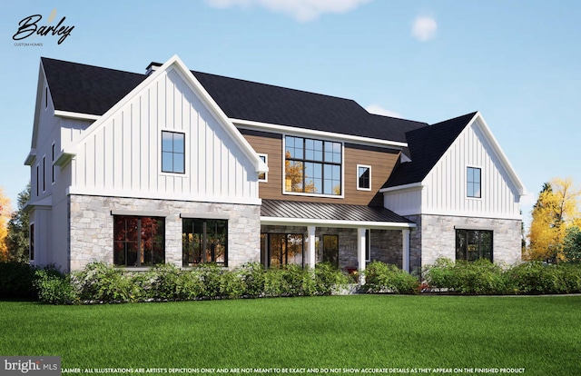 back of house featuring a standing seam roof, a yard, board and batten siding, and metal roof