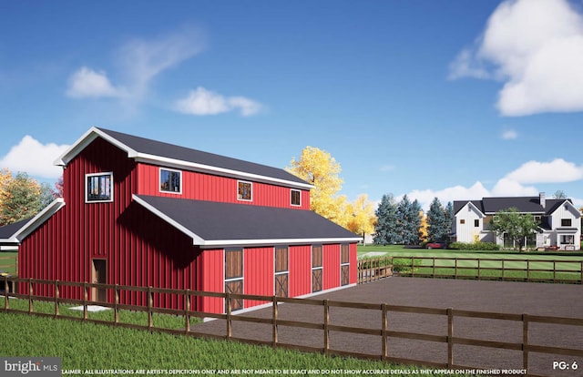 exterior space with board and batten siding, an enclosed area, an outdoor structure, and a barn