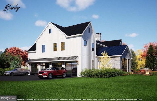 view of front of property featuring a standing seam roof, metal roof, and a front yard