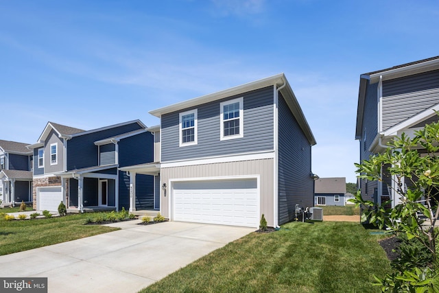 view of front facade featuring a garage, a front yard, driveway, and central air condition unit