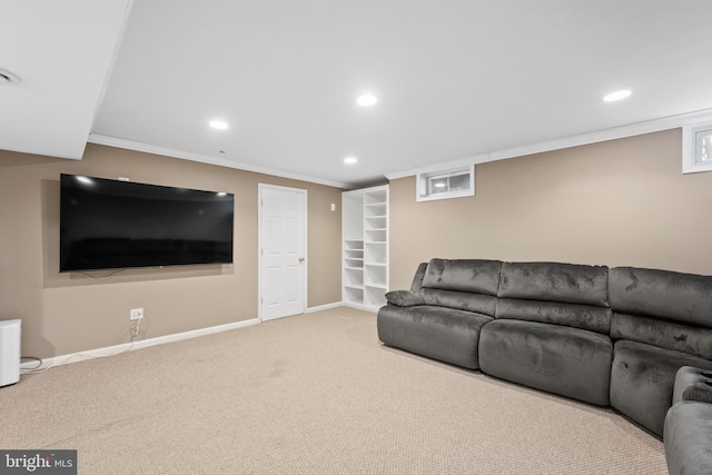 carpeted living area with crown molding, recessed lighting, and baseboards