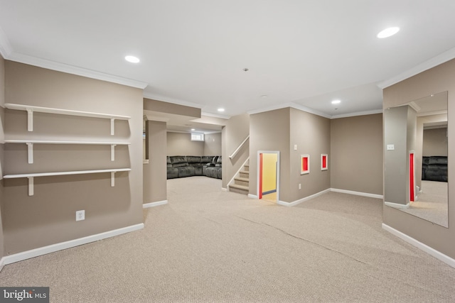 finished below grade area with carpet floors, recessed lighting, stairway, and baseboards