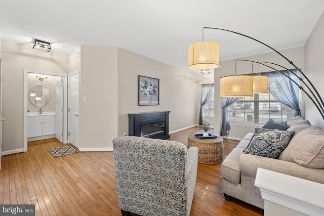 living room featuring wood-type flooring, baseboards, and a glass covered fireplace