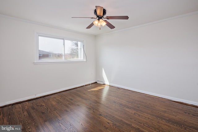 empty room featuring baseboards, wood finished floors, a ceiling fan, and crown molding