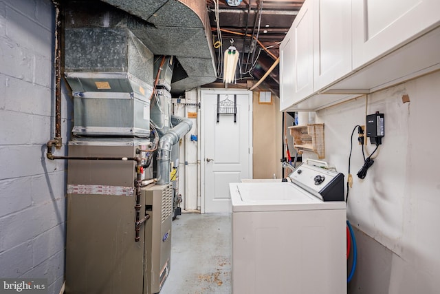 washroom featuring washer / clothes dryer and concrete block wall