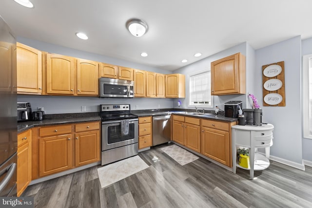 kitchen featuring stainless steel appliances, dark countertops, dark wood-style flooring, and a sink