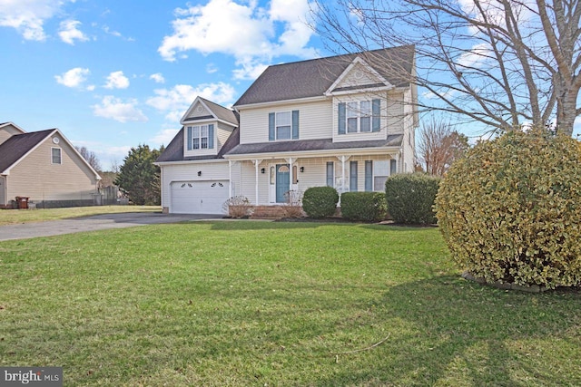 view of front of house with aphalt driveway, a front yard, a porch, and a garage