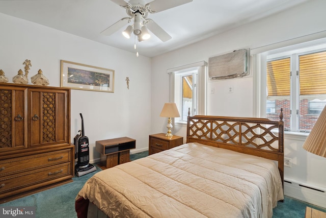 carpeted bedroom featuring baseboards, a baseboard heating unit, and ceiling fan