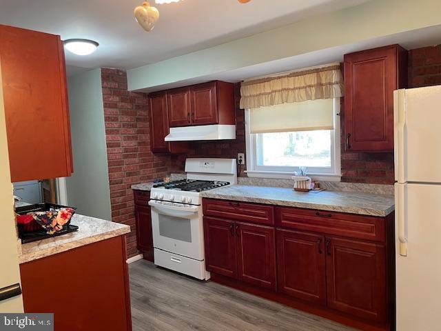 kitchen with light wood finished floors, light countertops, dark brown cabinets, white appliances, and under cabinet range hood