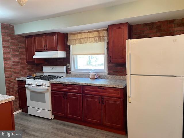 kitchen featuring white appliances, wood finished floors, light countertops, dark brown cabinets, and under cabinet range hood