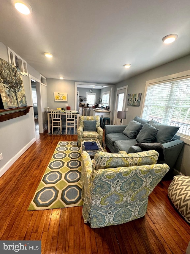 living room with a healthy amount of sunlight and hardwood / wood-style flooring