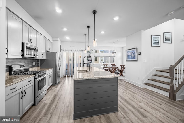 kitchen featuring light wood-style floors, appliances with stainless steel finishes, backsplash, and a sink