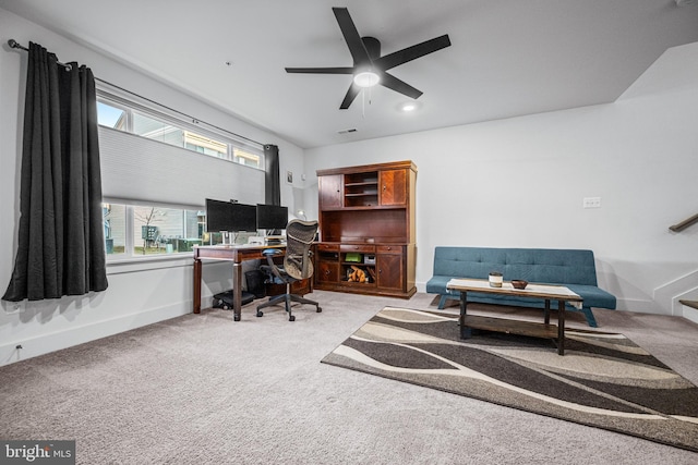 carpeted office featuring visible vents, recessed lighting, a ceiling fan, and baseboards