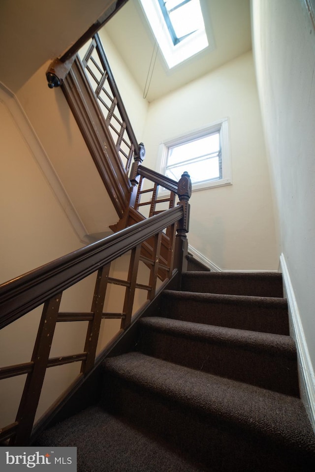 stairs with baseboards, vaulted ceiling, and carpet flooring