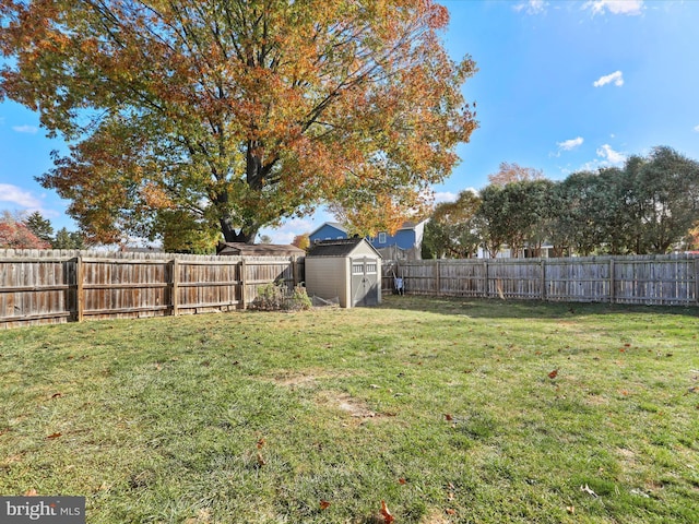 view of yard featuring an outbuilding, a storage unit, and a fenced backyard