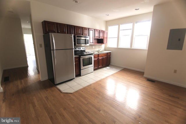 kitchen with light wood finished floors, stainless steel appliances, visible vents, a sink, and electric panel