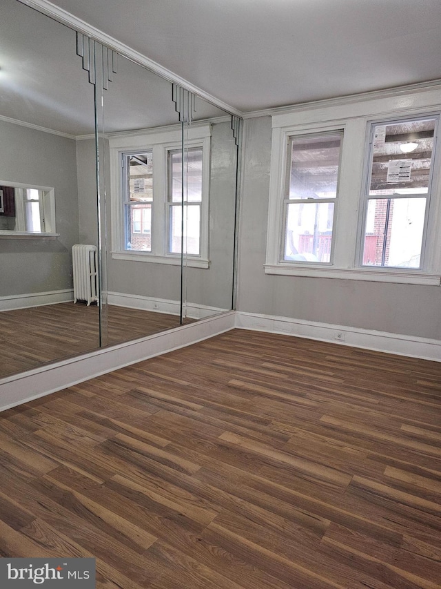 spare room featuring radiator, plenty of natural light, baseboards, and dark wood-type flooring