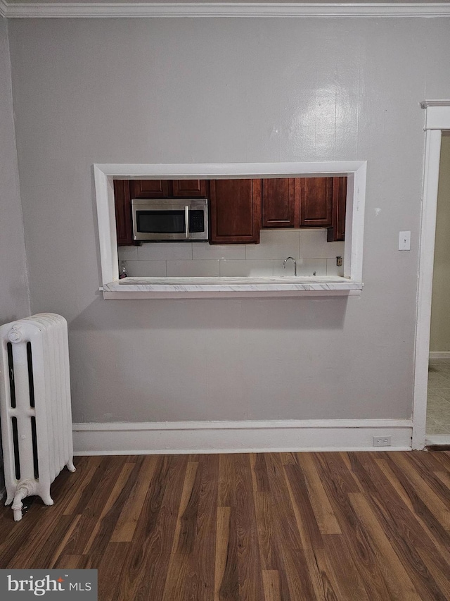 kitchen with radiator heating unit, a sink, light countertops, dark wood-style floors, and stainless steel microwave