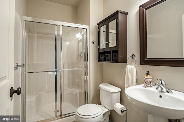 full bath featuring a sink, toilet, and a shower stall