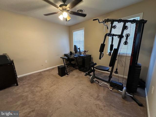 exercise area featuring visible vents, ceiling fan, baseboards, and carpet