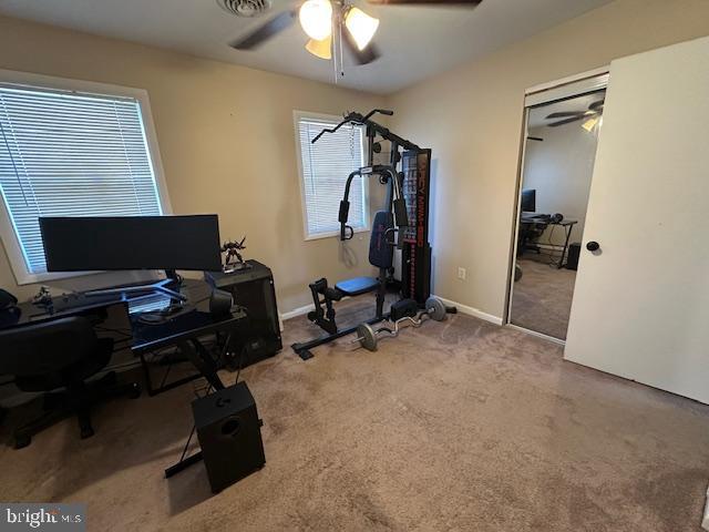 workout room featuring carpet flooring, baseboards, and ceiling fan