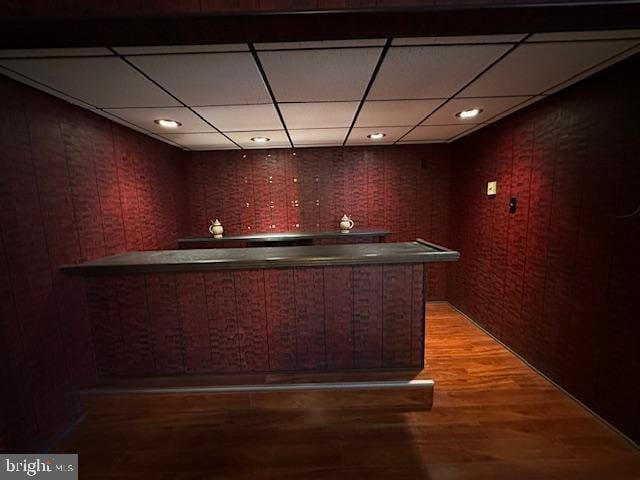 bar with a dry bar, a paneled ceiling, and wood finished floors