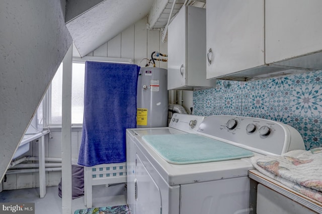 laundry room with washer and clothes dryer, cabinet space, and electric water heater