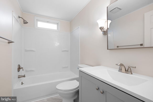 bathroom featuring marble finish floor, visible vents, toilet, vanity, and  shower combination