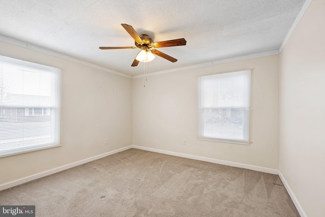 spare room featuring baseboards, ceiling fan, ornamental molding, a textured ceiling, and carpet flooring