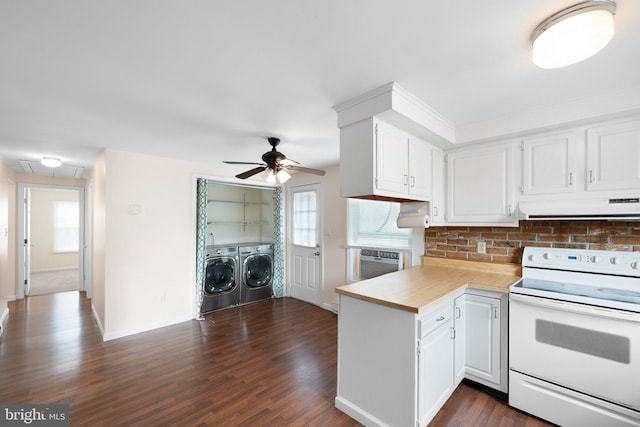 kitchen with white cabinets, custom range hood, washing machine and clothes dryer, light countertops, and white electric range