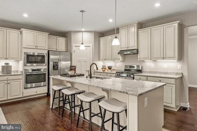 kitchen with under cabinet range hood, stainless steel appliances, dark wood-style flooring, a sink, and a kitchen breakfast bar